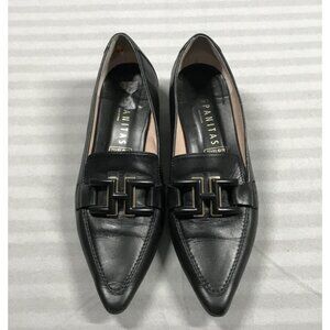 Hispanitas Shoes Womens Size 9.5 Black Leather Loafers Pointed Toe Block Heel